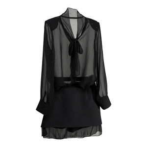 Elegant Salt Style Pleated V-Neck Diamante Black Skirt Suit