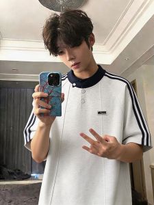OUMULONG | Campus Style Three-Stripe Boxy Shoulder T-Shirt Short Sleeve