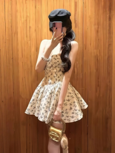 VKSOD | Vintage Floral Print Halter Dress Womens Summer Slimming A-Line Short Skirt High Waist Sweet Style Casual Holiday Wear