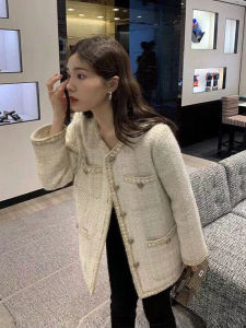 เสื้อแจ็คเก็ตสั้นแขนยาวผู้หญิงฤดูใบไม้ผลิและฤดูใบไม้ร่วงสไตล์ฝรั่งเศส ผ้าขนแกะหนา ทรงตรง ปกติ ปกติ