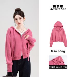 Nurture One | Áo Khoác Len Hoodie Cúc Dây Đuôi Tôm Màu Hồng Nhạt Phong Cách Thu Mùa Ngắn Rộng