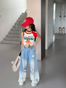 Korean Jeans For Kids Girl 7-15yrs Ripped Color Print Pants For Kids Girl Elastic Waist Street Style Denim Pants For Kids Girl Baggy Pants For Kids Girl ootd For Kids Girl