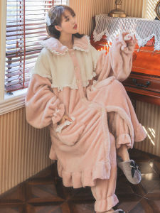 Womens Long Thickened Fleece Pajamas Set Coral Velvet Winter Home Clothes Nightgown with Edge Flower Home Sweet Style