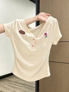 La Chapelle | Embroidery V-Neck Plunge Button Design Short Slim T-Shirt