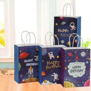 Cartoon Astronaut Leather Paper Bag Storage Bag Galaxy Party Gift Bag Shopping Packaging Bag Normal Size Birthday Celebration