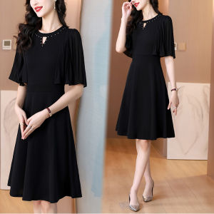 MAIMEI | Black French Style Short Sleeve Midi Dress Womens Summer New Elegant Lady Skirt Gathered Hemline Korean Version Soft Polyester