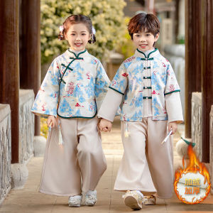 เด็ก ชุดฮั่นฝู ชุดรวบรวม ผ้าขนแกะ เรียงรายสไตล์จีนใหม่เสื้อผ้าทักทายสิ้นปีเด็กชายและเด็กหญิง ฤดูใบไม้ร่วง ฤดูหนาว ชุด