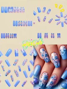 24pcs/set Short Medium fake nails for Spring summer beautiful colourful flowers bees faux ongles tips press on false nail art