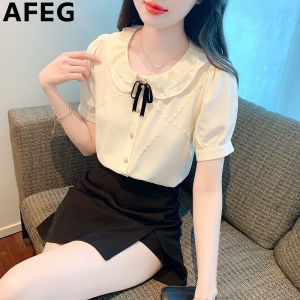 AFEG solid color Korean version doll collar bow fashion loose temperament chiffon bubble sleeve blouse for women
