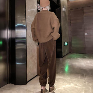 Loose Fit Letter Print Sweatpants Fleece Lined Elastic Waist Hole Punching Autumn New Sporty Casual Slimming Long Pants