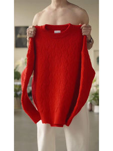 เสื้อสเวตเตอร์ถักสีแดงสำหรับผู้ชาย เสื้อคอตั้งแขนยาว ทรงหลวม สไตล์ฤดูใบไม้ร่วง/ฤดูหนาว เสื้อคลุมกันหนาว แฟชั่นฤดูใบไม้ร่วง/ฤดูหนาว