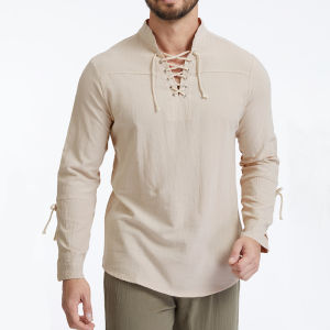 Mens Vintage Shirt Cotton Linen Breathable Lightweight Solid Color Stylish Tops Gothic Style Fashion Henley Neck Drawstring Top