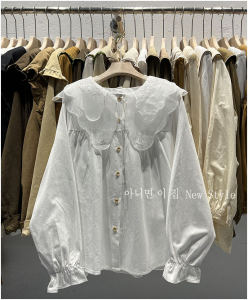 Double-Layer Collar Organza Embroidery Doll Collar Fashionable Western Style Youthful-Looking Flared Sleeves Long Sleeves Shirt Loose Shirt New Arrival