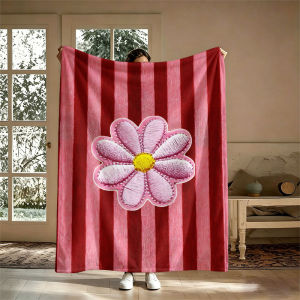 BILIBILI | Embroidered Daisy Pink Flannel Blanket Perfect for Sofa Office Bed Travel Sleep Read Relax Camping Four Season Use