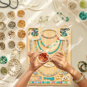 1 Set Wooden Flocked Beading Tray DIY Bracelet Necklace Jewelry Making Findings Beading Organizer Gray Bead Board Measuring Tool