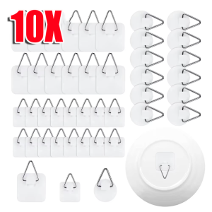 10pcs Vertical Ring Invisible Adhesive Wall Hanger with Triangle Hook / Self-Stick Plate Decor Holder / Heavy Duty Photo Frame Wall Art Decoration Mounting Hook