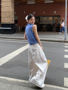 White Washed Cotton Wide Leg Casual Pants Womens Summer Small Size High Waist Draping Straight Tube Floor-Length Trousers