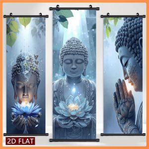 VIKAMA Spiritual Buddha Blue Lotus Scroll Tapestry Vertical Buddha Statue Sacred Lotus Wall Hanging Wall Backdrop