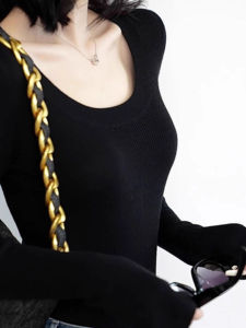 chaqi | Elegant Black U-Neck Knitted Base Shirt Womens Autumn Winter Long Sleeve Slim Fit Soft Sweater Inner Wear Chic Beautiful Top