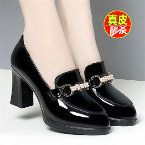 รองเท้าส้นสูงหนังนิ่มสำหรับผู้หญิง ทรงหัวมน พื้นยางกันลื่น ระบายอากาศได้ดี ฤดูใบไม้ผลิและฤดูใบไม้ร่วง สวมใส่สบาย รองเท้าแฟชั่น