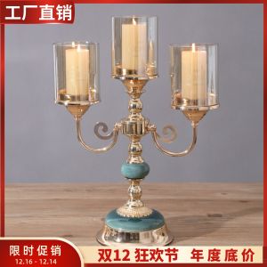 Elegant Ceramic Metal Glass Three-Headed Candle Holder European Vintage American Romantic Candlelight Dinner Table Decoration Ornaments