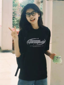 Áo Thun Cotton Tay Ngắn Màu Đen Cho Nữ Mùa Hè Dáng Rộng Thoải Mái in Họa Tiết Thời Trang Thường Ngày