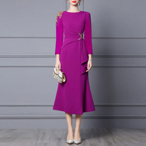 ชุดราตรีงานแต่งงาน ชุดยาวปานกลาง แขนสั้น คอตั้ง สไตล์ทำงาน ชุดราตรีงานแต่งงานสำหรับคุณแม่ ชุดยาวปานกลาง ชุดราตรี