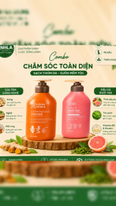 Combo Sữa Tắm Thảo Dược Gừng Nghệ 500g & Dầu Xả Bưởi Trà 500g Cỏ Cây Hoa Lá – Chăm Sóc Toàn Diện Sạch Mụn Sáng Da Phục Hồi Tóc Hư Tổn