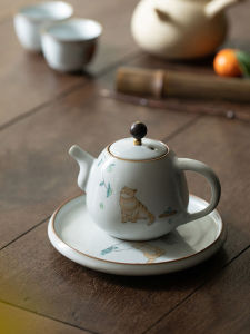 Ceramic Cat Teapot Chinese Style Hand-Painted Illustration Ruyi Porcelain Tea Pot Side Handle Brewing Pot Large Teapot
