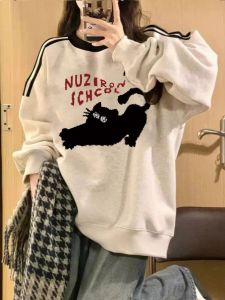 เสื้อสเวตเตอร์คอกลมหลวมๆ สไตล์อเมริกันย้อนยุคสำหรับนักเรียนมัธยมต้นและมัธยมปลาย ฤดูใบไม้ผลิและฤดูใบไม้ร่วง 2025 ใหม่ เสื้อคลุมกันหนาว