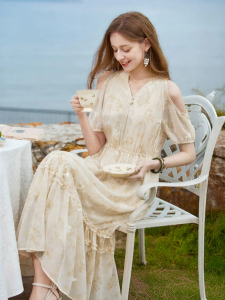 XIANGYING | Floral Off-Shoulder V-Neck Beachwear Dress