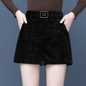 กางเกงขาสั้นผ้าขนกระต่ายทรงเอเอวสูงสำหรับผู้หญิง กางเกงขายาวทรงหลวมสำหรับใส่ลำลองในฤดูใบไม้ร่วงและฤดูหนาว กางเกงขายาวทรงเอสำหรับใส่ลำลอง