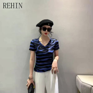 REHIN Zebra pattern trendy V-neck short sleeve T-shirt new summer style versatile and slimming S-3XL trendy mesh top elegant striped women blouse