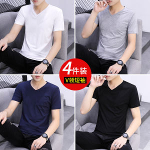 Mens Pure Cotton V-Neck T-Shirt Short Sleeve Summer Solid Color Base Shirt Half Sleeve Long Sleeve Trendy Youth Fashion Casual Wear