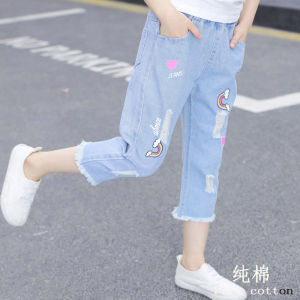 Quần Bò Mùa Hè 5-12 Tuổi Cho Trẻ Em Bé Gái Quần Mỏng In Hình Quần Ống Đứng Dài Đến Bắp Chân Mùa Xuân