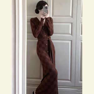 SHANGSHA | Elegant Ladies Long Dress Coffee Color Cinched Waist