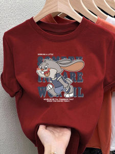 Pure Cotton Rabbit Print T-Shirt Womens Loose Fit Summer New Style Versatile Short Sleeve Top Comfortable Breathable Korean Style