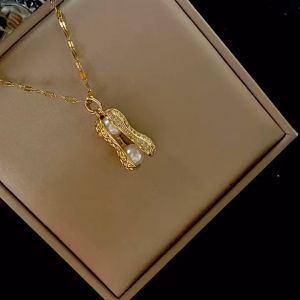 Kalung Rantai Pecah Kopi Titanium Liontin Kacang Mutuiara - Fashion Terbaru