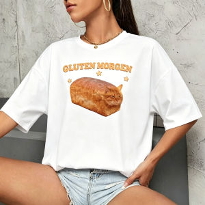 Sanrio | Gluten Morgen Cat Loaf Summer Fashion T Shirt Funny Bread Cat Meme Graphic Tee Orange Cat Lover Humor Pun Tops Cute Kitten Tee