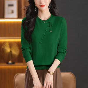 Loose Long Sleeve T-Shirt Womens Mom Style Chinese National Wind Mulberry Silk Knitted Base Shirt Red Top Butterfly Knot