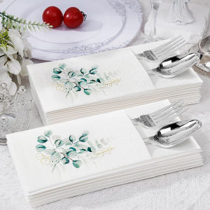 JINYUDOME Valentines Day Disposable White Pocket Napkins with Built-in Flatware 13x15.75in PreFolded for Wedding Party Events