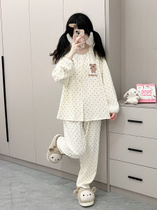 Polka Dot Bear Sweet Spring Autumn Long Sleeve Long Pants Breathable Soft Outwear Possible Cartoon Girl Pyjamas Home Clothes Set