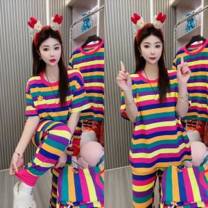 Pure ผ้าฝ้าย สุภาพสตรี ฤดูร้อน แขนสั้น กางเกงขายาว การ์ตูน ลายทางบ้าน ลำลอง สวมใส่ พลัสไซส์ ชุดชุดสองชิ้น ใส่สบาย ชุดนอน