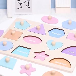 Montessori Wooden Colorful Geometry Pegged Puzzle with Knob Baby Toddler 1-3 Year Old Multi Shape Sorter Educational Toy