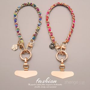 Short Metal Chain Phone Strap Womens Wristlet Durable Painted Cloth Belt Outdoor Travel Anti-Loss Fashionable Handheld Phone Chain
