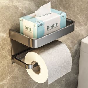 Drilling-Free Toilet Tissue Paper Holder Wall Mounted Toilet Crochet Roll Mobile Phone Holder