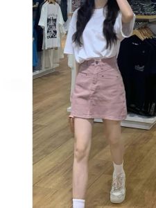 Pink Denim Skirt Womens Summer Plus Size Plus Size Ladies High Waist Slim Looking Pear Shapes Small A- line Short Skirt