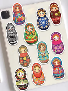 Retro Style 52-Piece Nesting Doll Stickers Decorative Luggage Guitar Skateboard DIY Adhesive Artwork Vintage Theme