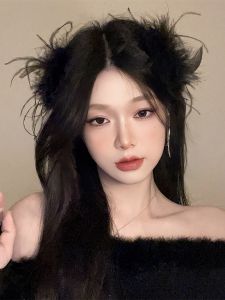 Super Fairy Black Feather Hairpin Side Fancy Stuffed High Skull Top Barrettes Girl New Fall and Winter a Pair of Hairclips Headdress