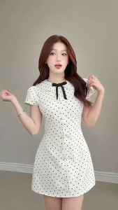 QC_Đầm công sở tiểu thư Lụa bi tay ngắn cổ bèo phối nơ Voan kèm quần mặc đi làm đi chơi nhẹ nhàng